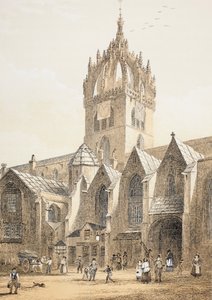 كاتدرائية سانت جايلز أو كيرك إدنبرة العالية ، من كتاب "The Scots Worthies Worth to Howie Second Edition، 1781" ، بقلم جون هاوي (1735-1793) المنشور عام 1879 بواسطة مدرسة اللغة الإنجليزية