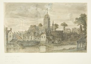 كنيسة القديسة ماري ريدكليف من Redcliffe Back (مع رسم بالقلم والحبر للأسد على الجانب الخلفي) (قلم رصاص وألوان مائية على ورق) بواسطة مدرسة اللغة الإنجليزية