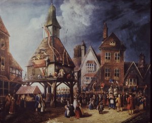 Stratford-on-Avon, Shakespeare Jubilee in 1769 at the High Cross (colour litho) بواسطة مدرسة اللغة الإنجليزية