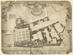 مسح ومؤامرة أرضية للقصر الملكي في وايتهول ، 1680 ، مع المساكن والشقق التابعة لأصحاب الجلالة بواسطة مدرسة اللغة الإنجليزية