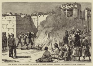 The Afghan War, burning the Body of a Ghazi Assassin outside the Peshawur Gate, Jellalabad (engraving) بواسطة مدرسة اللغة الإنجليزية