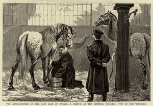 اغتيال القيصر الراحل لروسيا ، رسم تخطيطي في الاسطبلات الإمبراطورية ، اثنان من الجرحى بواسطة مدرسة اللغة الإنجليزية