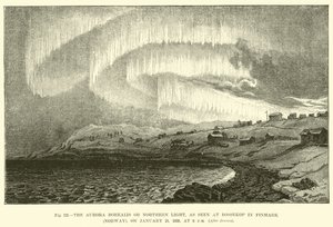 أورورا بورياليس أو نورثرن لايت ، كما رأينا في Bossekop في فينمارك (النرويج) ، في 21 يناير 1839 ، الساعة 6 مساءً بواسطة مدرسة اللغة الإنجليزية