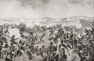 معركة أولوندي في عام 1879 تُظهر الاندفاع الأخير للزولوس والميدان البريطاني على مسافة بعيدة، من quot;جنوب أفريقيا وحرب الترانسفال: المجلد. 1#39; بقلم لويس كريسويك، نُشر عام 1900 (ليثو) بواسطة مدرسة اللغة الإنجليزية