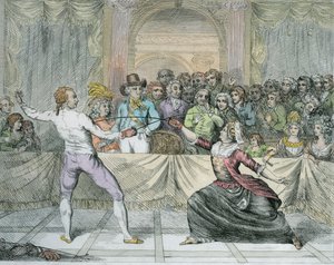 The Chevalier dEon ، مرتدية زي امرأة ، في مباراة مبارزة (تلوين لاحق) بواسطة مدرسة اللغة الإنجليزية