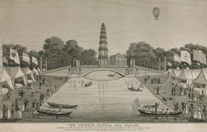 المعبد الصيني والجسر الذي نصب فوق القناة في حديقة سانت جاميس لليوبيل الكبير ، 1814 بواسطة مدرسة اللغة الإنجليزية