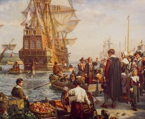رحيل آباء الحاج في 1620 ، رسم توضيحي من "مخطط التاريخ" بقلم HG Wells ، المجلد الثاني ، نُشر عام 1920 بواسطة مدرسة اللغة الإنجليزية
