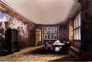 غرفة الرسم ، منزل Cotehele ، حوالي 1830-40 (لون ليثو) بواسطة مدرسة اللغة الإنجليزية