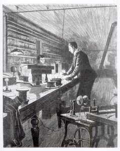 الضوء الكهربائي ، السيد إديسون (1847-1931) في مختبره بواسطة مدرسة اللغة الإنجليزية