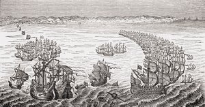 الأسطول الإنجليزي ، بقيادة السير فرانسيس دريك ، مهاجمة أرمادا الإسبانية في عام 1588 ، من `` إنجازات إنجلترا القديمة &39;&39; التي كتبها اللورد بروغام وآخرون ، تم نشر لندن ، c.1880s بواسطة مدرسة اللغة الإنجليزية