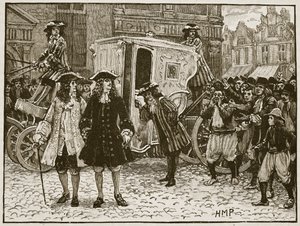 المفوض الإنجليزي مهان في شوارع أوتريخت ، 1712 ، رسم توضيحي من تاريخ كاسيلس المصور لإنجلترا (صورة بني داكن) بواسطة مدرسة اللغة الإنجليزية