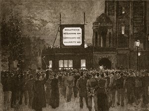 الانتخابات العامة لعام 1892: الإعلان عن النتائج في النادي الليبرالي الوطني ، رسم توضيحي من تاريخ كاسيلس المصور لإنجلترا (صورة بني داكن) بواسطة مدرسة اللغة الإنجليزية