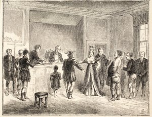 اليد والمقص ، قضية معروضة على محكمة فطيرة بودر ، من رسم بتاريخ 1811 بواسطة مدرسة اللغة الإنجليزية