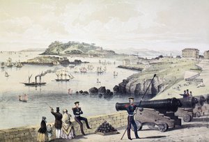 The Hoe و Drakes Island و Mt Edgecumbe من القلعة ، نشرها Newman und Co بواسطة مدرسة اللغة الإنجليزية