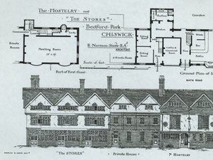 The Hostelry and The Stores ، بيدفورد بارك ، تشيسويك ، من The Building News ، 1877 بواسطة مدرسة اللغة الإنجليزية