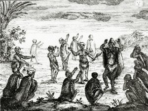 The Hottentots Worship the moon ، التوضيح من "الحالة الحالية لرأس الرجاء الصالح" بقلم بيتر كولب ، نشر 1731 بواسطة مدرسة اللغة الإنجليزية