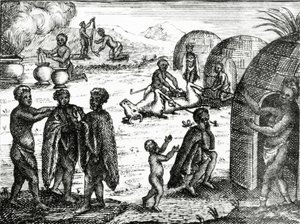 يعشق Hottentots حشرة معينة ، توضيح من "الحالة الحالية لرأس الرجاء الصالح" بقلم بيتر كولب ، نشر 1731 بواسطة مدرسة اللغة الإنجليزية