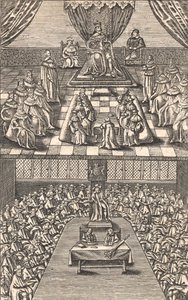 مجلس اللوردات ومجلس العموم في عهد الملك تشارلز الأول ، حوالي عام 1640 (نقش خشبي ملون) بواسطة مدرسة اللغة الإنجليزية
