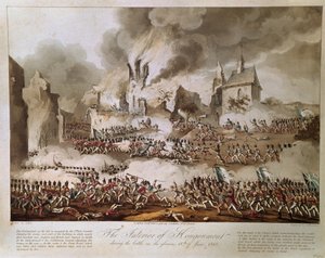 الداخلية من Hougoumont خلال معركة على المجيد 18 يونيو 1815 ، نقشها T. Sutherland ، تم نشره عام 1816 (aquatint) بواسطة مدرسة اللغة الإنجليزية