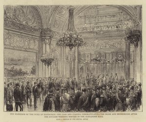The Marriage of the Duke of Edinburgh, the Czar and Czarina congratulating the Bride and Bridegroom after the English Wedding Service in the Alexander Hall (engraving) بواسطة مدرسة اللغة الإنجليزية