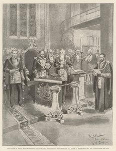 يشكل أمير ويلز ، السيد الأكبر الأكثر عبادة ، Chancery Bar Lodge of Freemasons ، رقم 2456 ، في Lincoln's Inn Hall (نقش) بواسطة مدرسة اللغة الإنجليزية