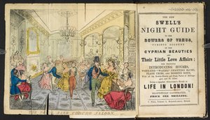"The Royal Saxe Coburg Saloon". مجموعة من الناس يرقصون ويأكلون ويشربون ، "الدليل الليلي الجديد المنتفخ إلى تعريشات كوكب الزهرة ... دليل غريب تمامًا للحياة في لندن!" بواسطة مدرسة اللغة الإنجليزية