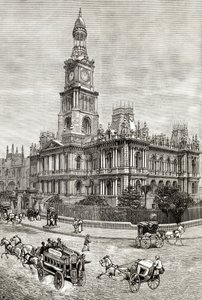 The Town Hall، Sydney، c.1880، from "Australian Pictures" بواسطة Howard Willoughby ، نشرته جمعية المسالك الدينية ، لندن ، 1886 بواسطة مدرسة اللغة الإنجليزية