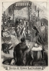 محاكمة الملكة كاثرين من أراغون عام 1529 ، الزوجة الأولى لهنري الثامن ، التي أُلغي زواجها من الملك - بروسيس دي كاثرين داراغون (1486-1536) زوجة هنري الثامن - نقش من "تاريخ إنجلترا" بواسطة كاسيل بيتر وجالبين بواسطة مدرسة اللغة الإنجليزية