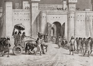 الاستيلاء على دمشق في عام 732 قبل الميلاد على يد تغلاث بيليسر الثالث، من تاريخ الأمم لهتشنسون، طُبع عام 1915 بواسطة مدرسة اللغة الإنجليزية