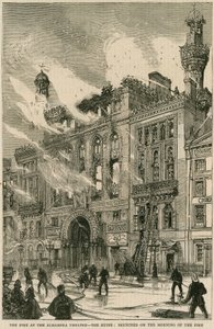 الحريق في مسرح الحمراء - الأنقاض ، رسم في صباح الحريق ، 7 ديسمبر 1882 بواسطة مدرسة اللغة الإنجليزية