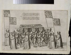 موكب جنازة السير فيليب سيدني (1554-1586) في طريقه إلى كاتدرائية القديس بولس ، 1587 ، منقوش بواسطة تيودور دي بري (1528-1598) بواسطة مدرسة اللغة الإنجليزية
