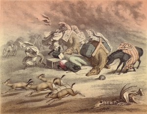 الصحراء الإفريقية العظيمة ، قافلة الجمال والخيول والحمير ، التي تجاوزتها سيموم ، الغزلان الخائفة بواسطة مدرسة اللغة الإنجليزية