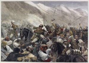 أواخر الحرب الأفغانية: وفاة الرائد ويغرام باتي في معركة فوتتاباد 30 أبريل (نقش ملون) بواسطة مدرسة اللغة الإنجليزية
