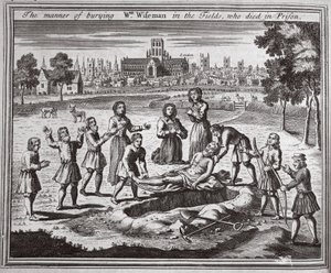 طريقة دفن Wm Wiseman في الحقول ، الذي مات في السجن ، صورة توضيحية من شهداء Foxes c.1703 بواسطة مدرسة اللغة الإنجليزية