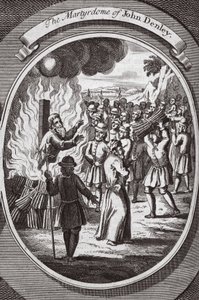 استشهاد جون دينلي ، رسم توضيحي من "شهداء الثعالب" حوالي 1703 (ليتو) بواسطة مدرسة اللغة الإنجليزية