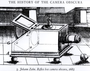 كاميرا الصندوق الانعكاسي المظلمة بقلم جوهان زان ، 1685 ، من The History of the Camera Obscura بواسطة مدرسة اللغة الإنجليزية