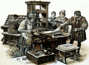 The third printing press in England was set up in St. Albans in 1480 (gouache on paper) بواسطة مدرسة اللغة الإنجليزية