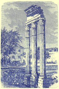الأعمدة الثلاثة في معبد كاستور ، توضيح من تاريخ روما بقلم فيكتور دوروي ، نُشر عام 1884 (صورة محسنة رقميًا) بواسطة مدرسة اللغة الإنجليزية