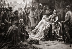 زوجة الملك إدوارد الثالث ، ملكة فيليبا من هاينو ، تتدخل أمام زوجها لتطلب إنقاذ حياة سكان كاليه السبعة (طباعة) بواسطة مدرسة اللغة الإنجليزية