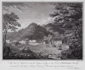 هذا المنظر لـ Whitewell and the Keeper's Lodge في غابة Bowland ، مكرس بتواضع إلى جريس هنري دوق بوكليوش ، من قبل خادمه المطيع جيه إل باركر (نقش) بواسطة مدرسة اللغة الإنجليزية