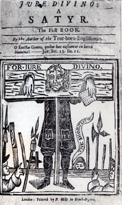 صفحة عنوان الكتاب الأول من Jure Divino - A Satyr by Daniel Defoe (1660-1731) المنشور في عام 1706 بواسطة مدرسة اللغة الإنجليزية
