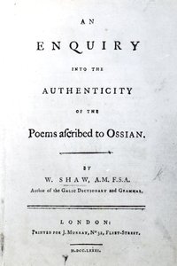 صفحة العنوان لاستفسار عن صحة القصائد المنسوبة إلى Ossian بواسطة William Shaw ، تم نشرها عام 1781 (ورقة مطبوعة) بواسطة مدرسة اللغة الإنجليزية