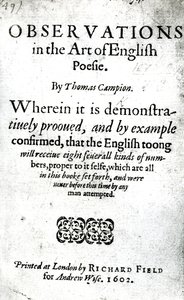 صفحة العنوان للملاحظات في فن اللغة الإنجليزية Poesie بواسطة Thomas Campion ، تم نشره عام 1602 (ورقة مطبوعة) بواسطة مدرسة اللغة الإنجليزية