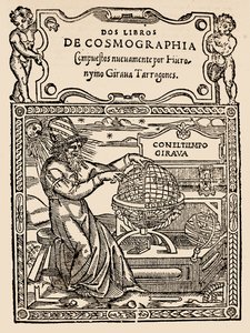 صفحة العنوان لكتابين من علم الكونيات بواسطة Hieronymo Girana Tarragones ، من The Narrative and Critical History of America ، حرره جاستن وينسور ، لندن ، 1886 (طبعة خشبية) بواسطة مدرسة اللغة الإنجليزية