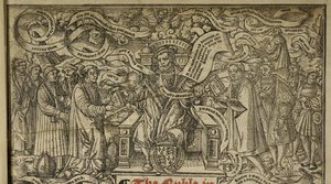 تفاصيل صفحة العنوان تصور "الملك هنري الثامن متوجًا برئاسة" ، من "الكتاب المقدس العظيم" ، حوالي عام 1541 (نقش خشبي) بواسطة مدرسة اللغة الإنجليزية