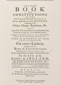 صفحة العنوان من كتاب دساتير Spratts لل Grand Lodge في أيرلندا ، 1751 بواسطة مدرسة اللغة الإنجليزية