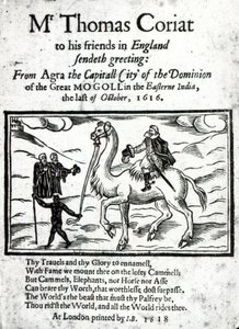 صفحة العنوان لتوماس كورياتس حساب مطبوع بعد وفاته لرحلاته في الهند ، نُشر في لندن ، 1618 (ورق مطبوع وخط خشبي) بواسطة مدرسة اللغة الإنجليزية