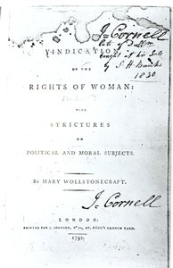 صفحة عنوان "إثبات حقوق المرأة" بقلم ماري ولستونكرافت ، نشرت عام 1792 بواسطة مدرسة اللغة الإنجليزية
