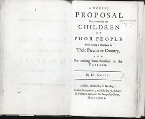 صفحة العنوان لمقترح متواضع لجوناثان سويفت ، نُشر عام 1729 (مطبوعة) بواسطة مدرسة اللغة الإنجليزية