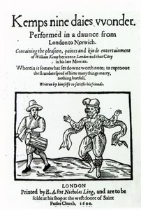 صفحة العنوان لـ William Kemps Nine Days Wonder ، نُشرت عام 1600 بواسطة مدرسة اللغة الإنجليزية